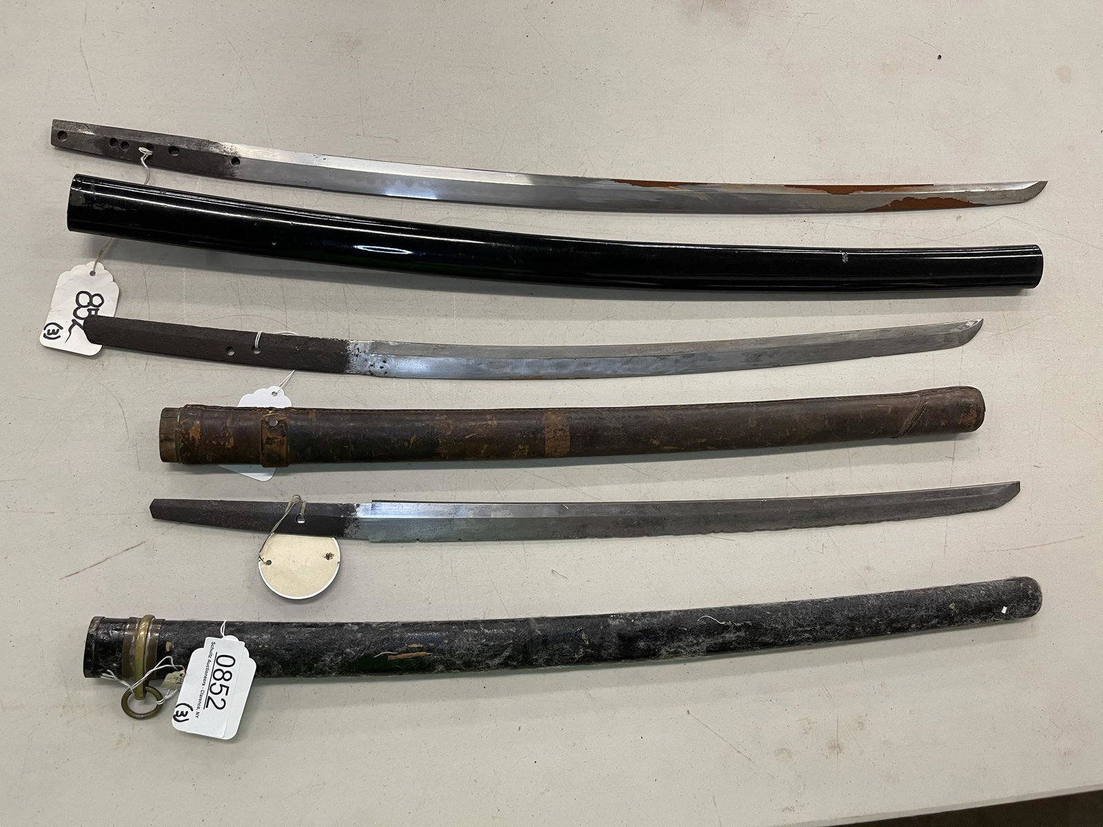 3 Japanese Swords and Scabbards: 3 Japanese Swords and Scabbards, No Handles, 2 Signed - 1 attrib to Omi Kami Fujiwara Tsugu Hiro - Longest approx. 34"
