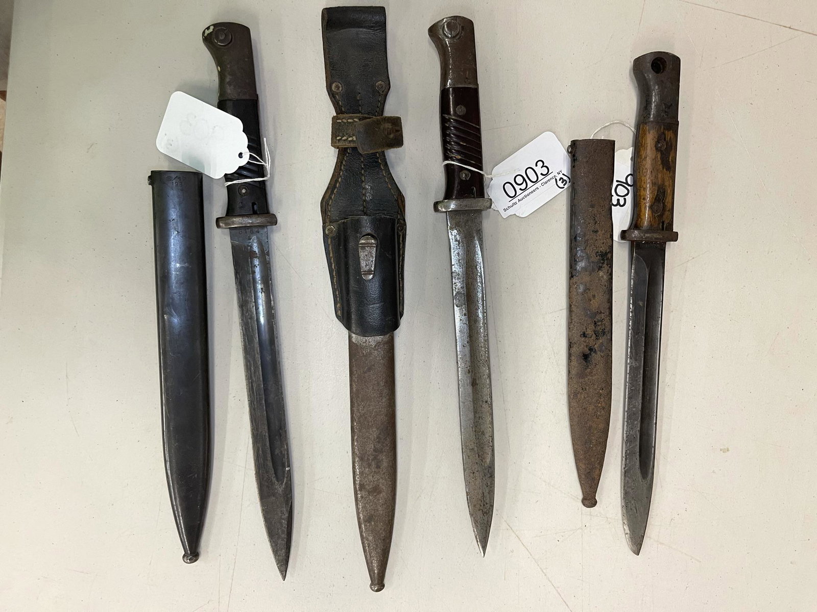 3 German 98K Bayonets with Scabbards: 3 German 98K Bayonets with Scabbards, 1 with Frog - Approx 16" long