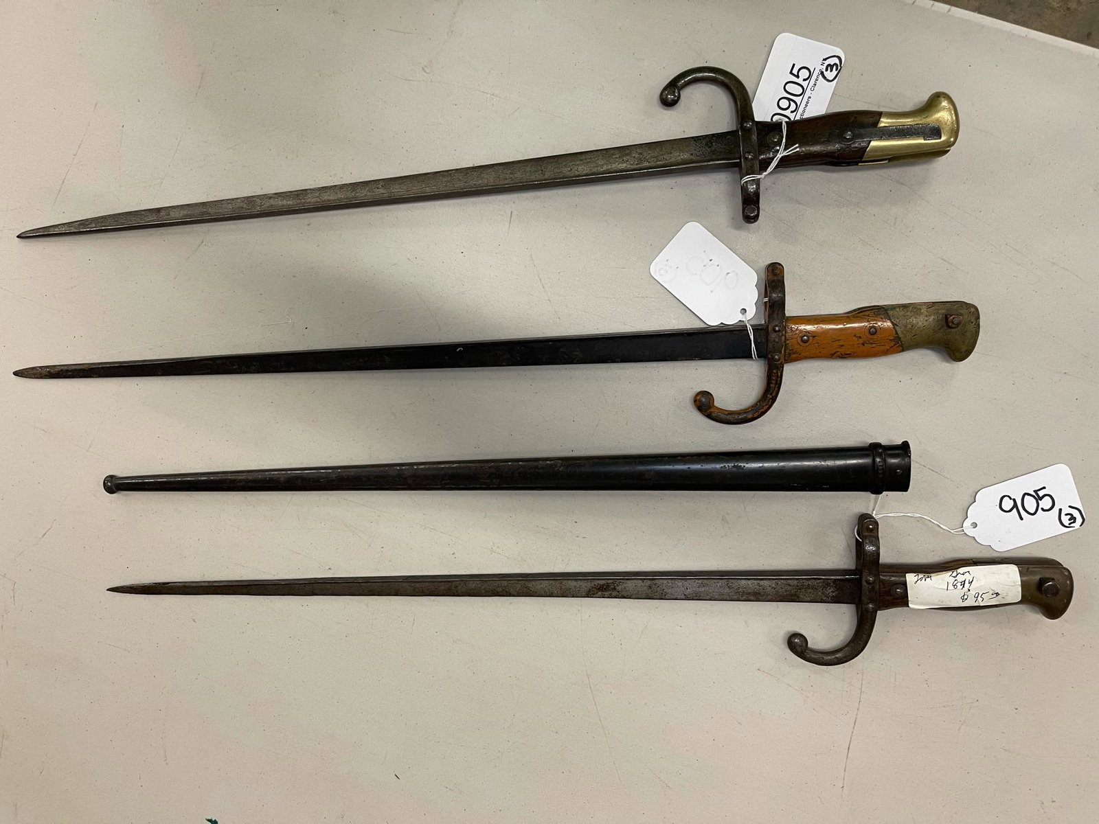 3 French Bayonets incl 1 with Scabbard: 3 French Bayonets incl 1 with Scabbard - Longest approx 26"