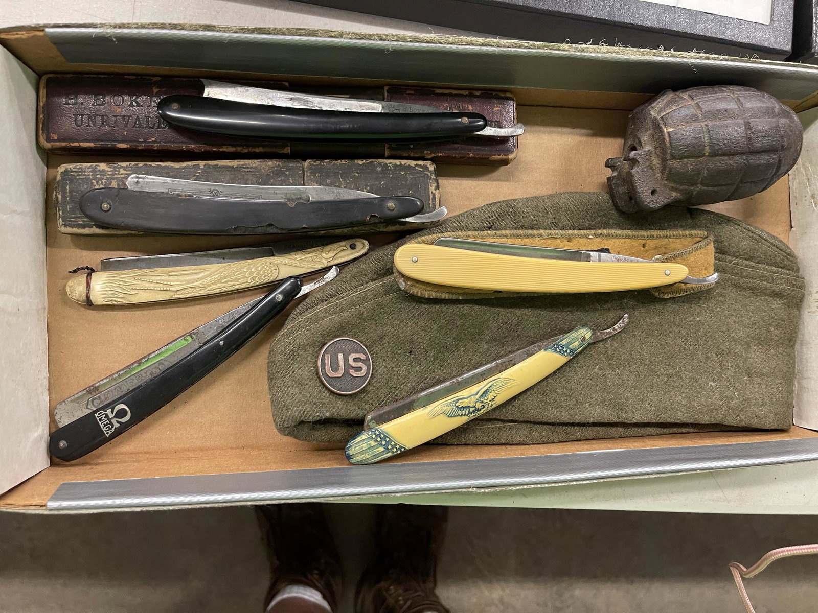 US Military Hat, 6 Straight Razors, & Grenade: US Military Hat, 6 Straight Razors, & Grenade -