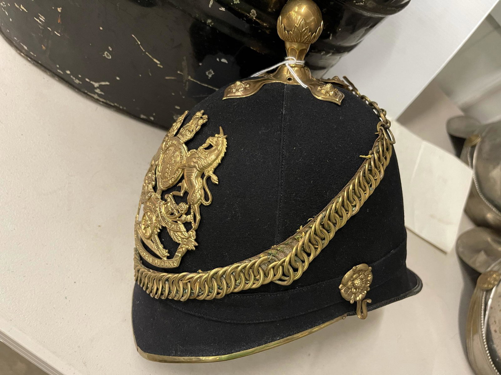 KC Artillery Officers Helmet with Tin Box: KC Artillery Officers Helmet with Tin Box, Soldiers Name inside Helmet -