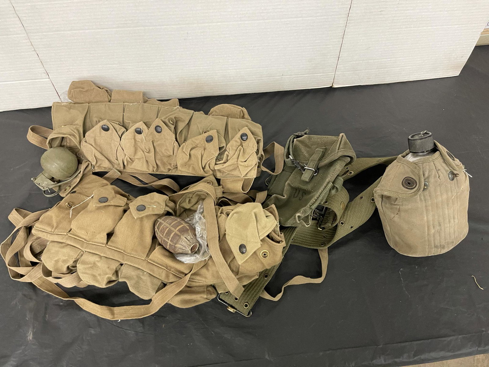 Military Canvas Grenade Pouches, Canteen, Etc: Military Canvas Grenade Pouches w/ Reproduction Grenades, Canteen, & First Aid Pouch -
