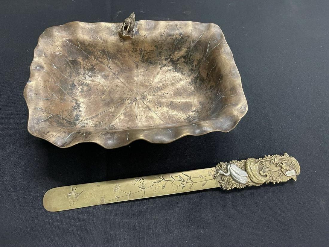 Asian Bronze/Brass Signed Letter Opener & Dish (1 of 6)