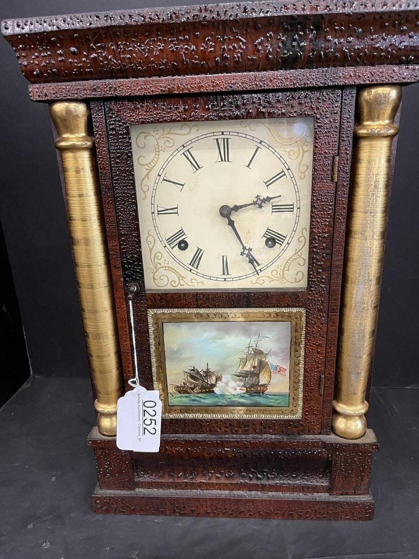 Mantle Clock with Pillars: Mantle Clock with Pillars, American Tall Ship Battle Scene - approx. 18"h x 12"w x 4"