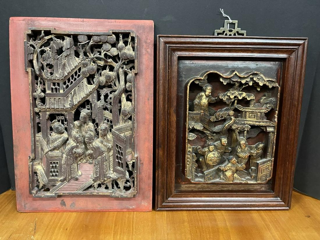 2 Intricately Carved Wood Asian Panels (1 of 3)