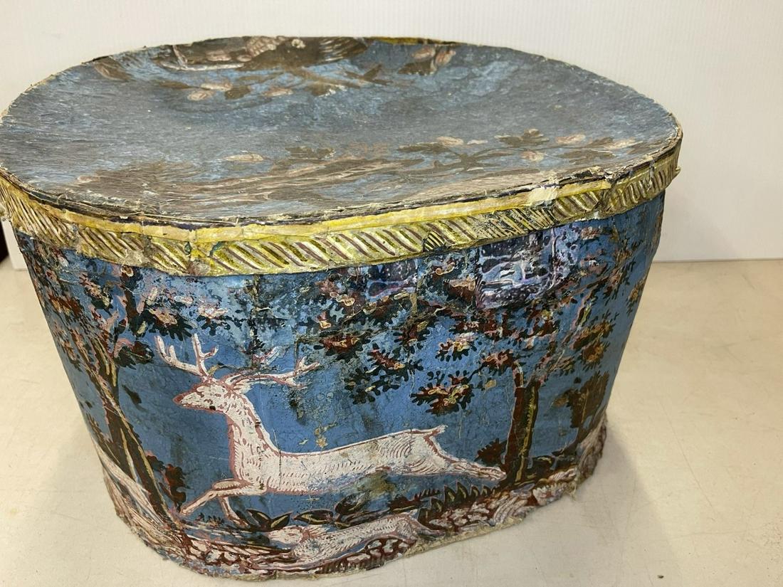 Early 19th C. Band Box with Stag and Dogs (1 of 4)