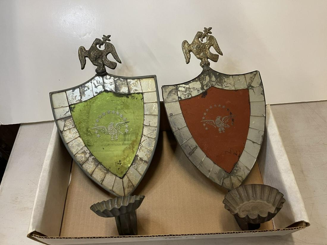 Early Tin & Mirrored Shield Shaped Sconces (1 of 3)