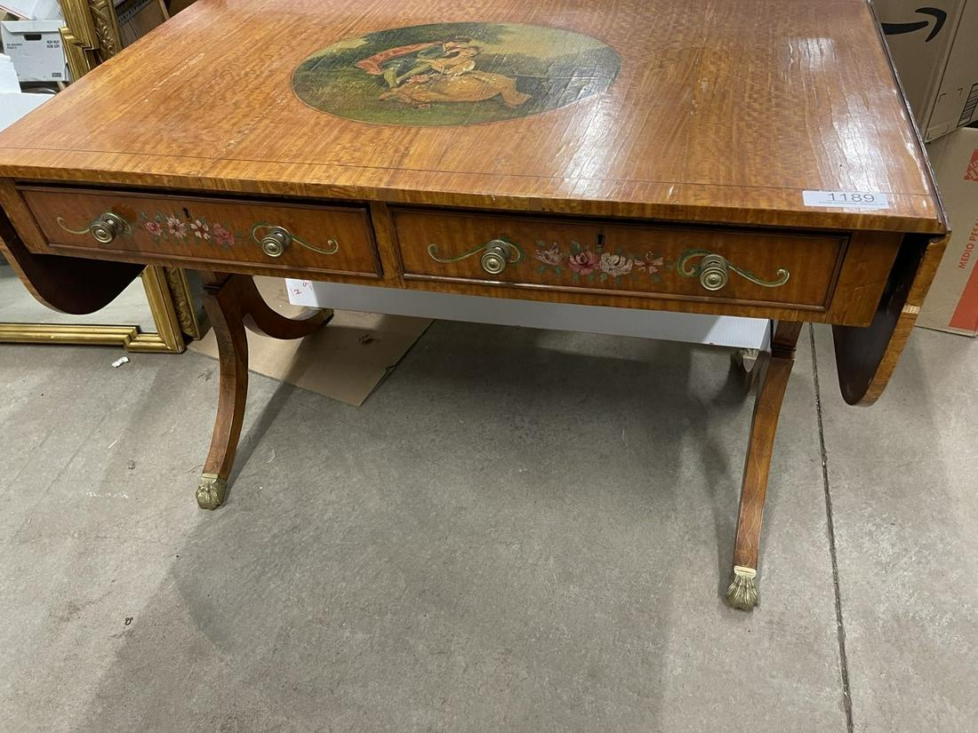 2 Drawer Drop Side Table with Decoration: 2 Drawer Drop Side Table with Decoration & Brass Claw Feet - Approx 27.5" h x 41.5" w x 24" d (Closed)