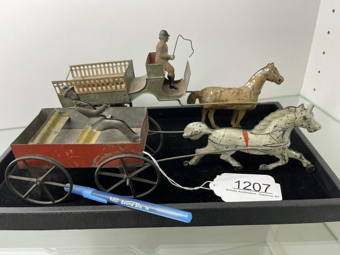 2 Early Tin Toy Horse Drawn Wagons (1 of 4)