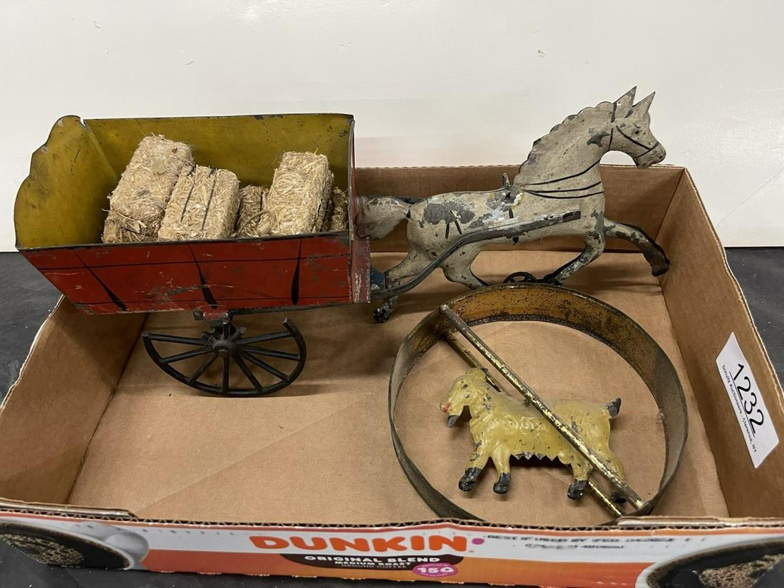 Early Tin Toy Horse Drawn Hay Wagon Plus Goat (1 of 3)