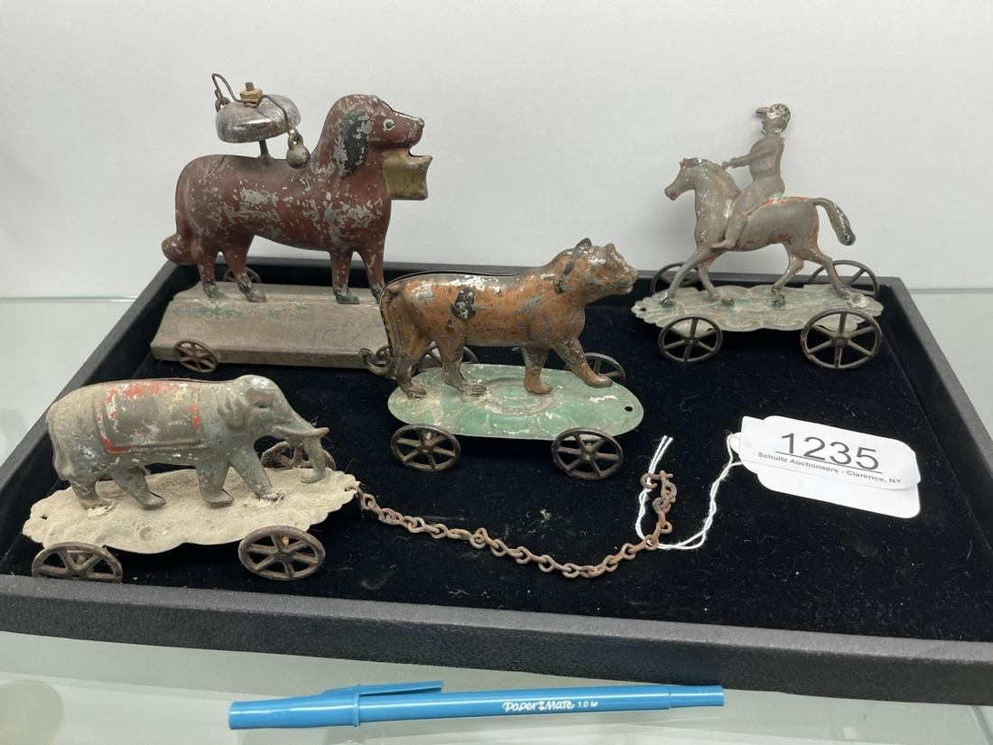 4 Early Tin Pull Toys incl. Elephant & Dog: 4 Early Tin Pull Toys incl. Elephant & Dog with Bell - Elephant approx 4.5" x 3" x 2" and Dog with bell approx 5.5" x 5" x 2.5"