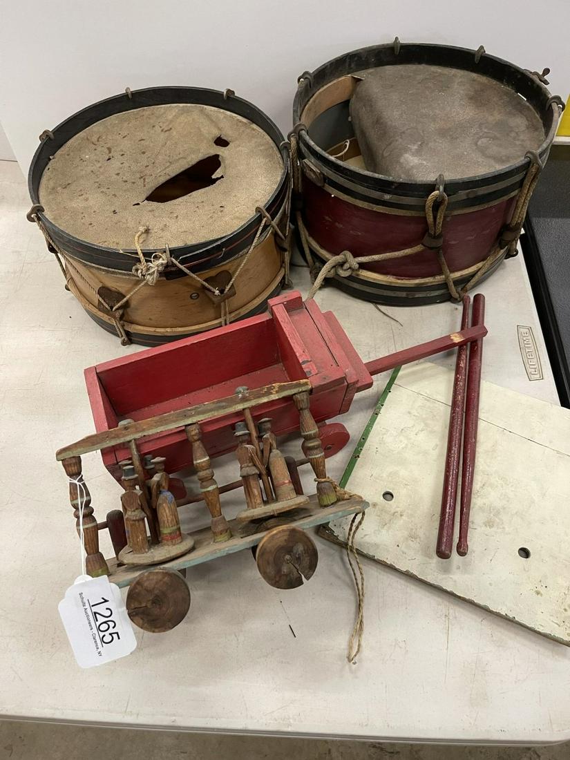 Toy Lot incl. 2 Child's Drums, Wooden Cart, etc (1 of 3)