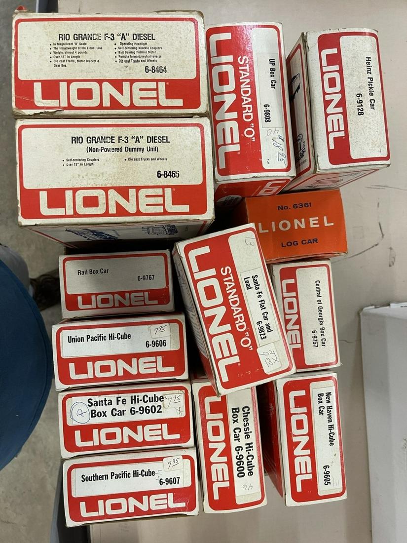 Lot of Lionel Trains in boxes: Lot of Lionel Trains in Boxes inc. Rio Grande F-3 "A" Diesel, Hi-cube cars, etc -