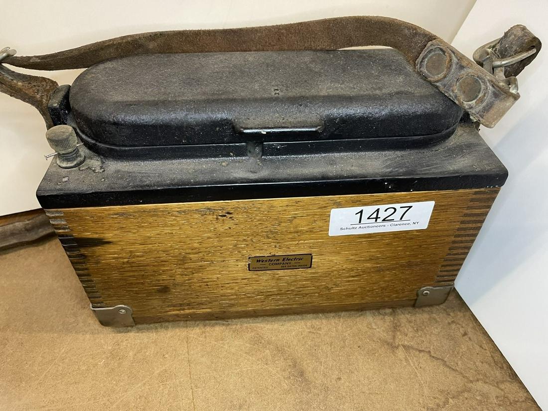 Western Electric Portable Field Telephone: Western Electric Portable Field Telephone in Oak Box w/ Leather Strap -