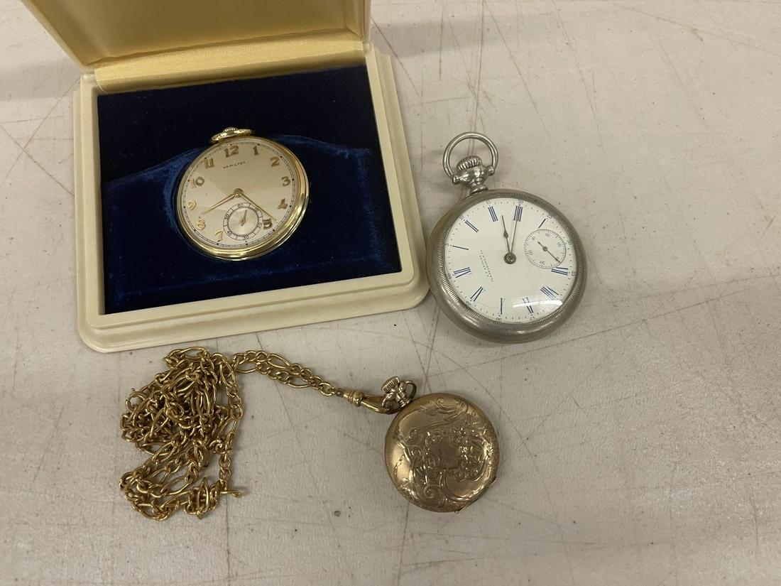 3 Pocket Watches incl 1 Gold Filled Ladies Watch: 3 Pocket Watches incl 1 Gold Filled Ladies Watch, 1 Hamilton Mens gold filled watch, and 1 by JF Krohme Clarksburg VA -