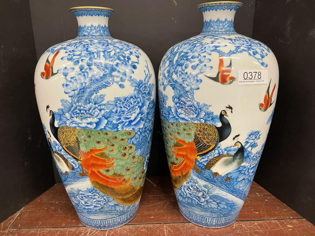 Pair of 20th C. Chinese Vases with Peacocks and Lotus (1 of 7)
