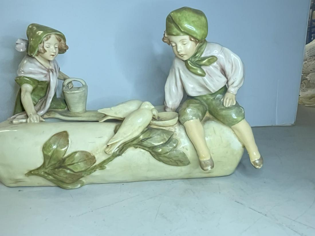 Royal Dux Figure of 2 Dutch Children Feeding Birds (1 of 2)
