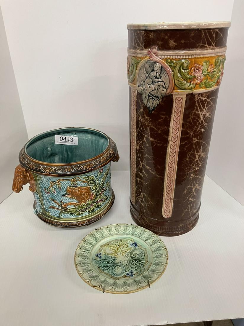 3 pc Majolica Lot incl. Planter w/ Horse Head Handles (1 of 6)