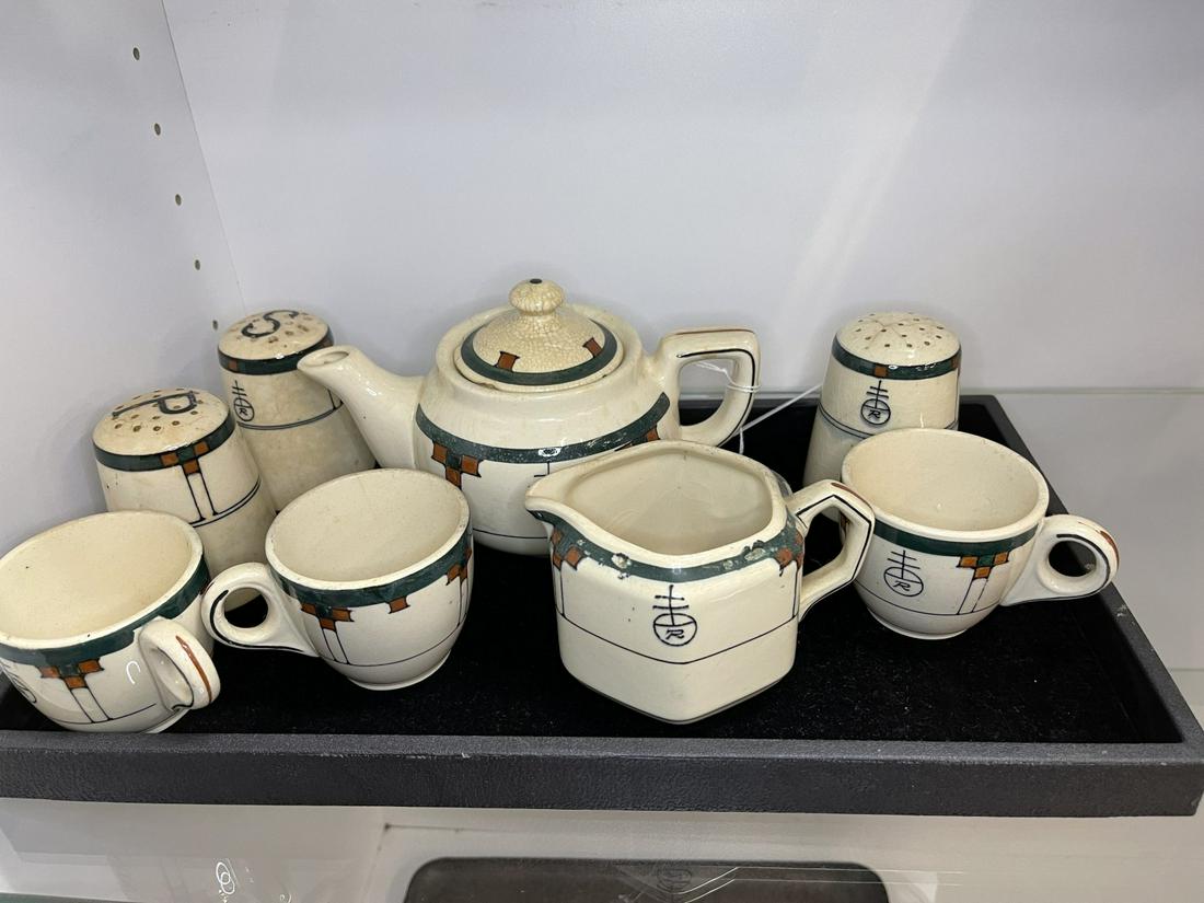 Roycroft China Teapot, Cups, Creamer, etc: Roycroft China Teapot, Cups, Creamer, Salt & Peppers, Buffalo Pottery -