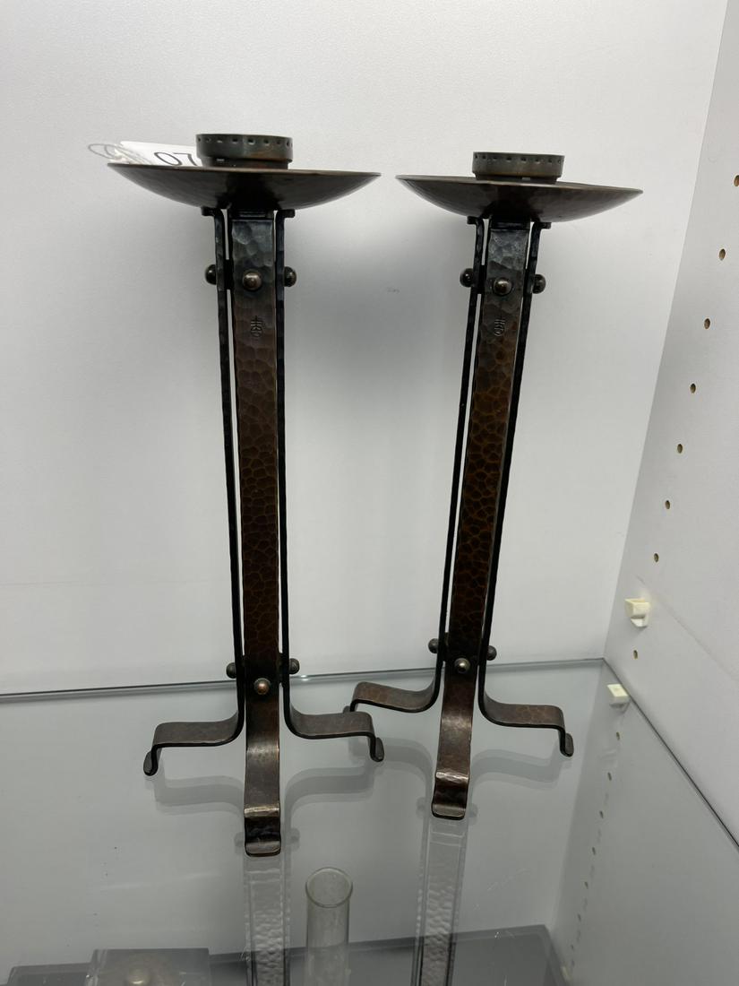 Rare Pair of Roycroft Strapwork 12" Candlesticks: Rare Pair of Roycroft Strapwork 12" Candlesticks - Converted to lamps at some point