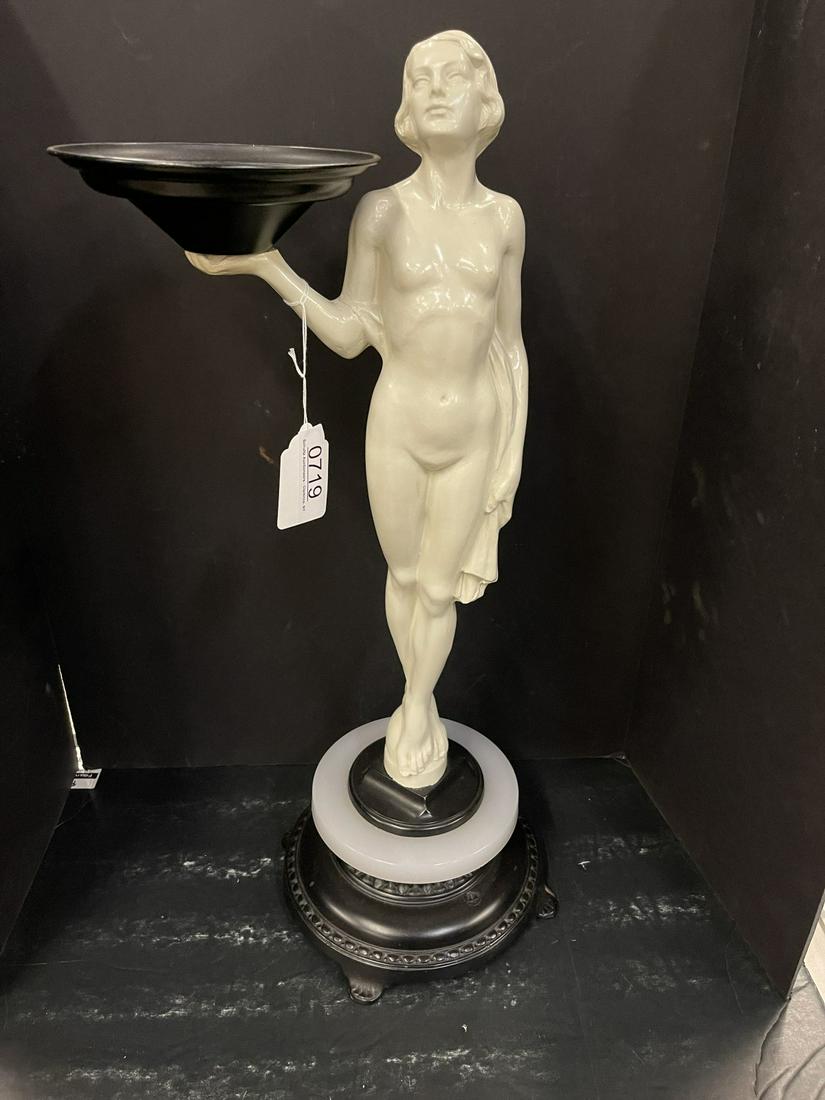 Art Deco Metal Statue of Nude Woman Holding Tray: Art Deco Metal Statue of Nude Woman Holding Possible Ash Tray - Approx. 27.5" h x 11.5" at widest