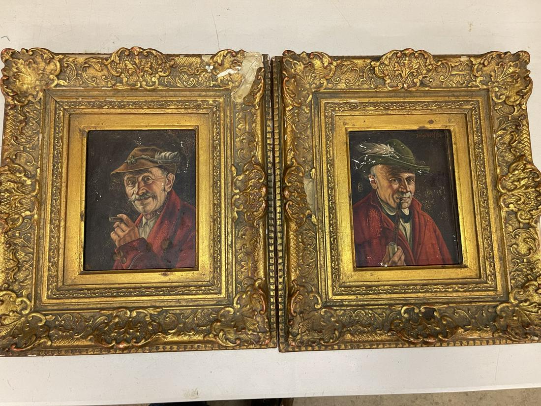 Pair of Early Paintings on Panel Signed: Pair of Early Paintings on Panel Signed Inge Wolfle, Probably German - approx 14" x 12.5"