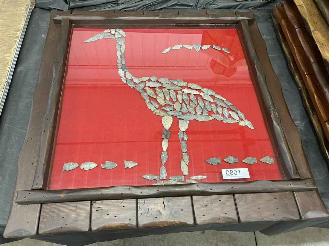 Framed Arrowheads & Knife Points: Framed Arrowheads & Knife Points in the shape of a bird - Approx. 29" w x 29" h