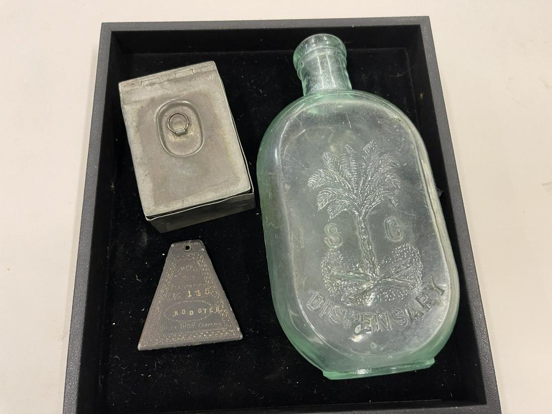 SC Disp. Bottle, South Carolina Slave Tag etc: SC Dispensary Bottle, South Carolina Slave Tag Ashepoo Neck Plantation South Carolina 1808, Tin Box -