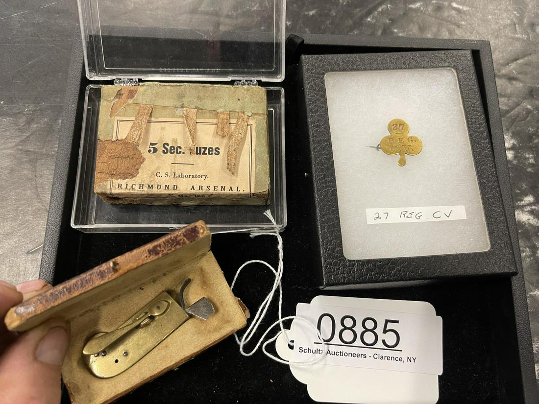 27th Reg. CV Pin, Richmond Arsenal Fuze Box, etc: 27th Reg. CV Pin, Richmond Arsenal Fuze Box, Early Civil War Era Tool in Box -