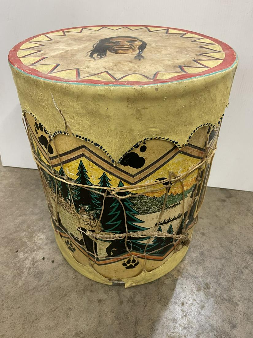 Handmade & Painted Tom Tom Drum: Handmade Tom Tom Drum w/ Painted Decorations Native Americans, Animals, Etc - Approx. 20" h x 16" diam