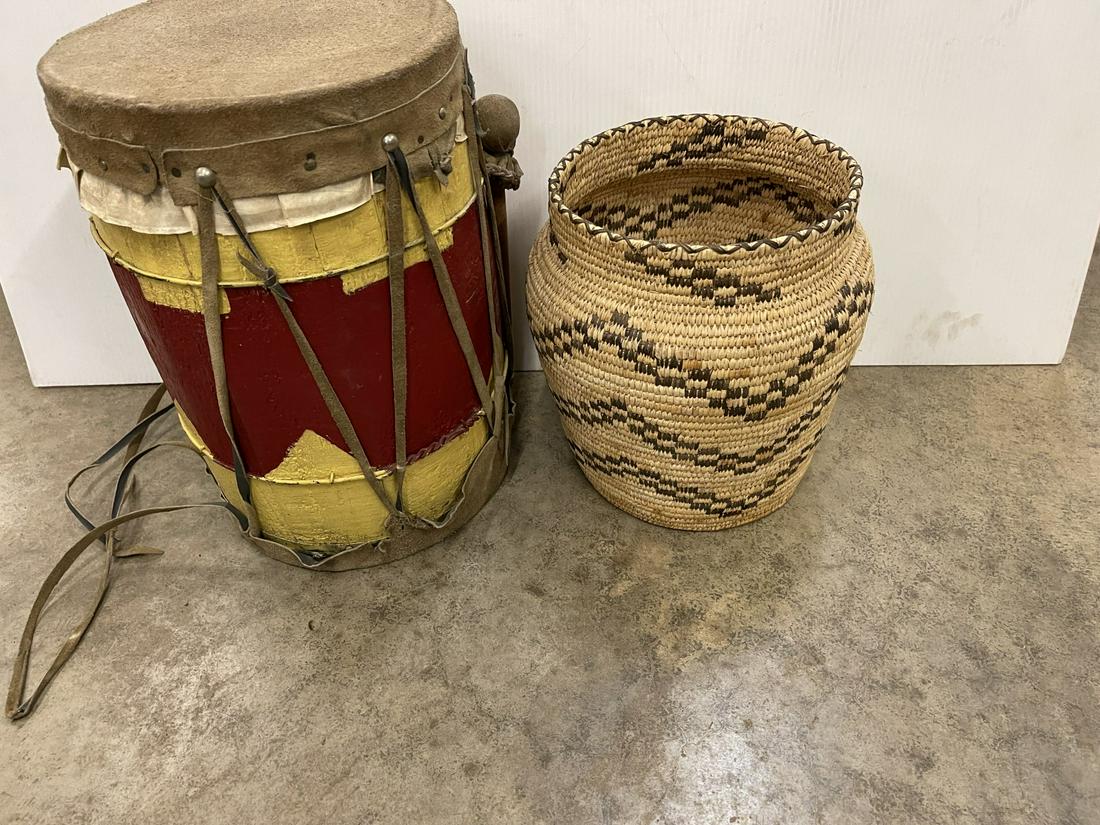 Woven Basket and Drum Made from Wood Barrel: Woven Basket and Drum Made from Wood Barrel w/ Drum Stick - Drum approx 15" h x 11" and basket approx 11" h x 10.5"