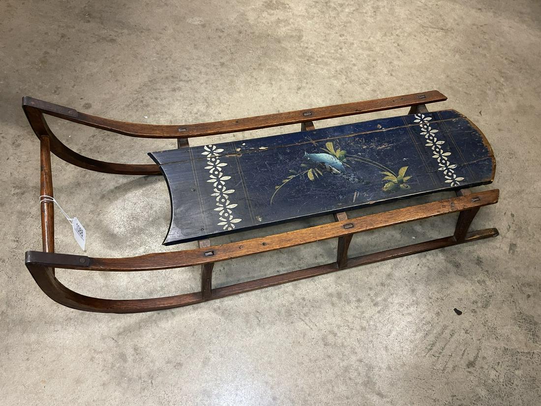 Wooden Sled w/ Blue Deck & Bird Decoration: Wooden Sled w/ Blue Deck, Bird Decoration, Metal Runners - Approx 37" l x 12" w x 7.5" d
