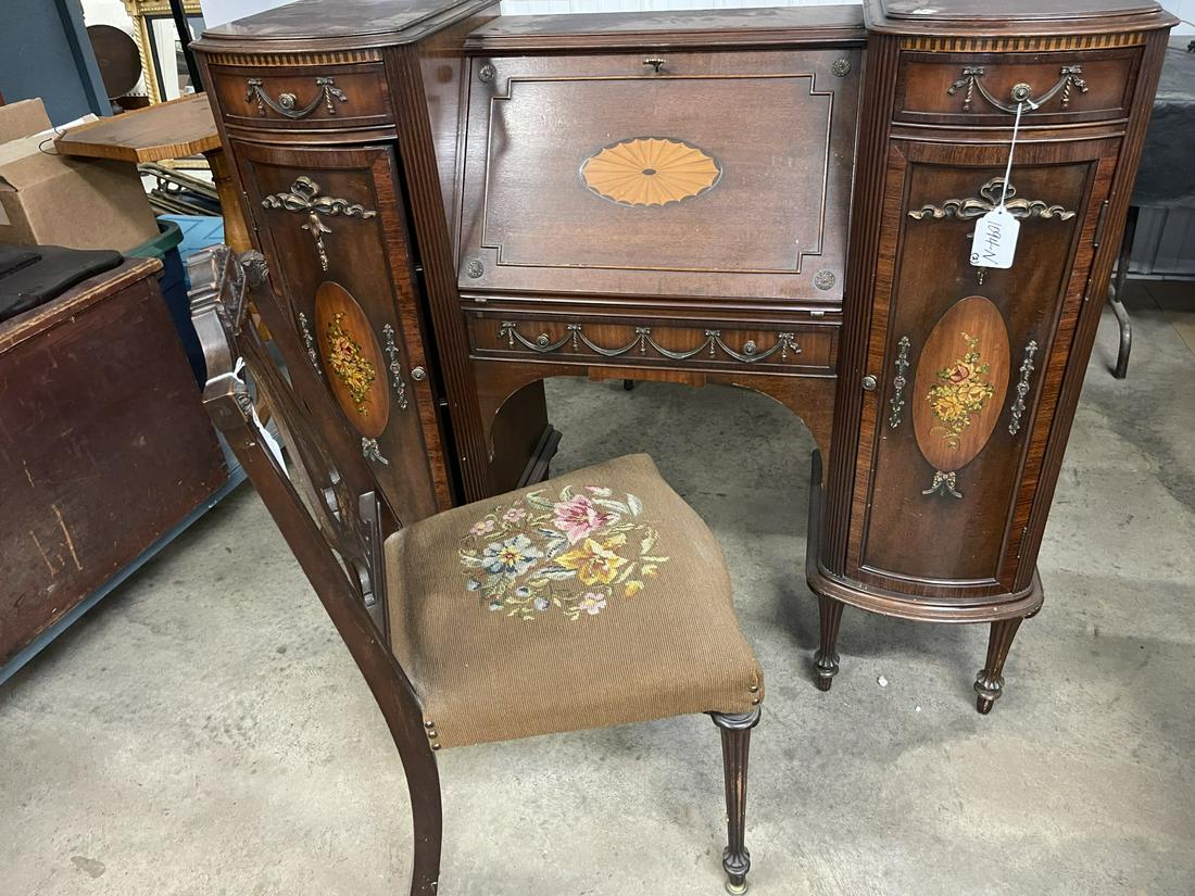 Drop Front Desk w/ Inlay and Chair: Drop Front Desk w/ Inlay and Embellishments + Chair - Desk approx. 43" h x 47" x 17"