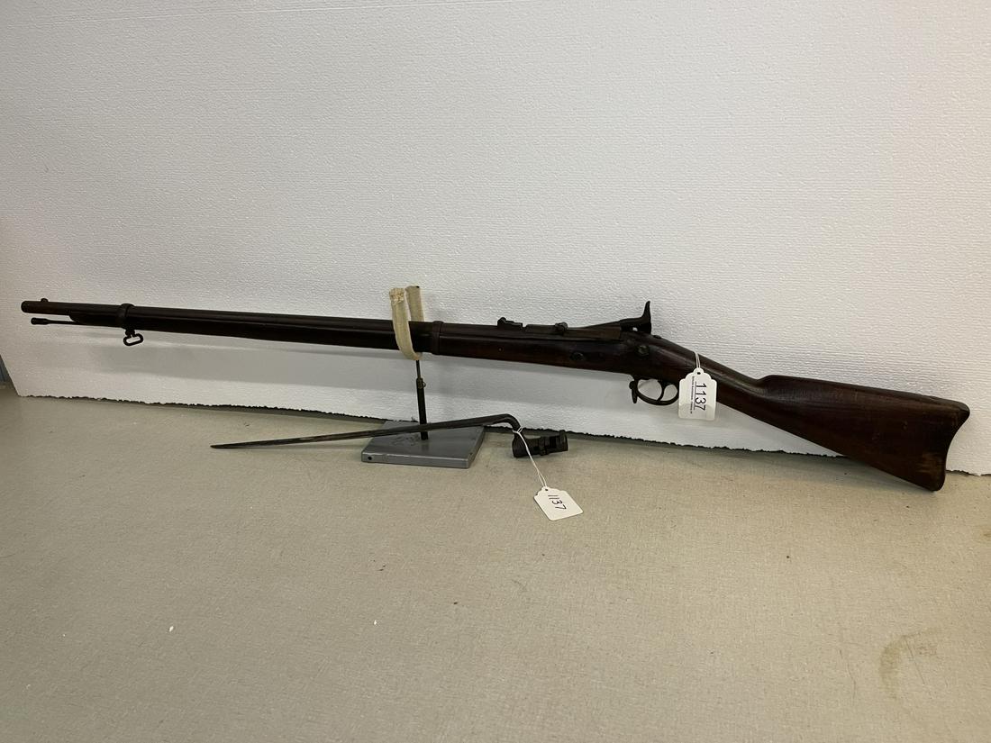 US Springfield 1866 Trap Door Rifle w/ Bayonet: US Springfield 1866 Trap Door Rifle w/ Bayonet, Stock is stamped St John R #31 -