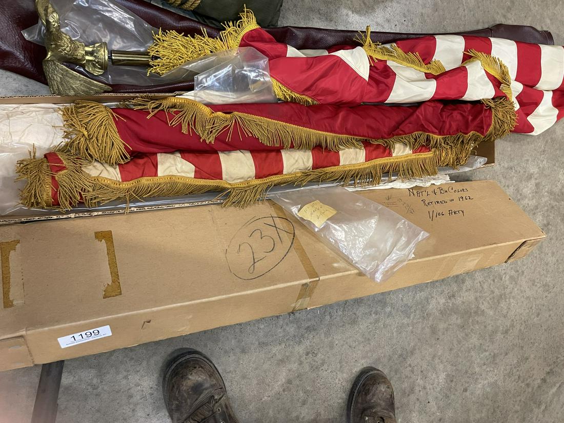 2 American Flags & 106 Field Artillery Flag: 2 American Flags (1 w/ 48 stars & 1 w/ 50 star) & 106 Field Artillery Battalion Flag, 50 Star American Flag is on Pole with Eagle Flagpole Topper - 50 Star American Flag approx. 66" x 50" & 48 Star Am