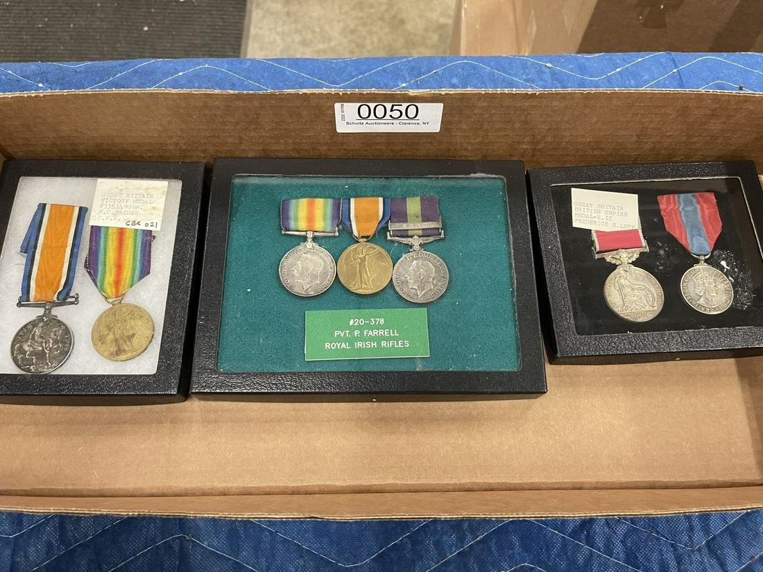 Group of Military Medals incl. British, Irish: Mixed tray of Military Medals incl. British War Medals, Irish War Medals, Great Britain Victory, Great Britain British Empire Medal, Royal Irish Rifles Medal, etc. -