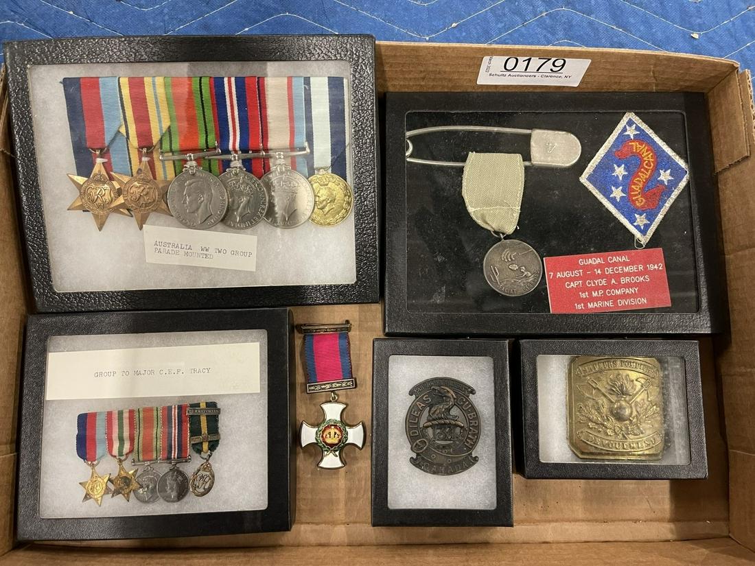 Group of Mixed Military Medals, Pins & Patches: Mixed Military Medals, Pins & Patches incl. Australian WWII Group Parade Mounted Medals, Guadal Canal 1st MP Co. 1st Marnie Division Pins & Patches, WWI Canadian Highlander Cap Badge, etc. -