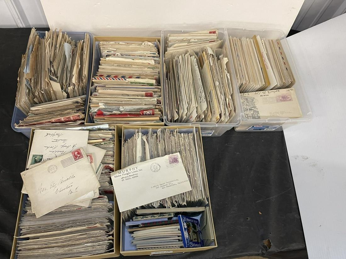 6 Containers of US Correspondence, etc: 6 Containers of US Correspondence, Some Early, Envelopes, First Day Covers, etc -