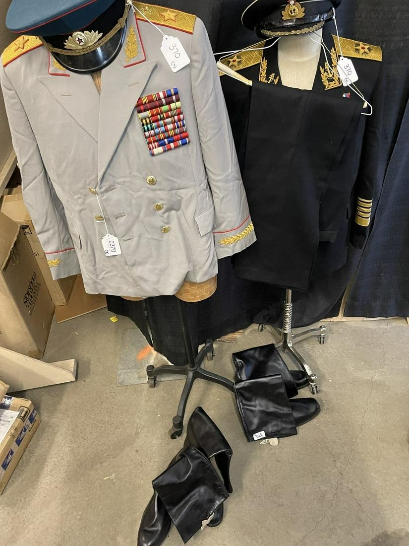 2 Russian Military Uniforms incl Naval: 2 Russian Military Uniforms incl Naval officer uniform, jackets, hats, boots, 1 pair pants -