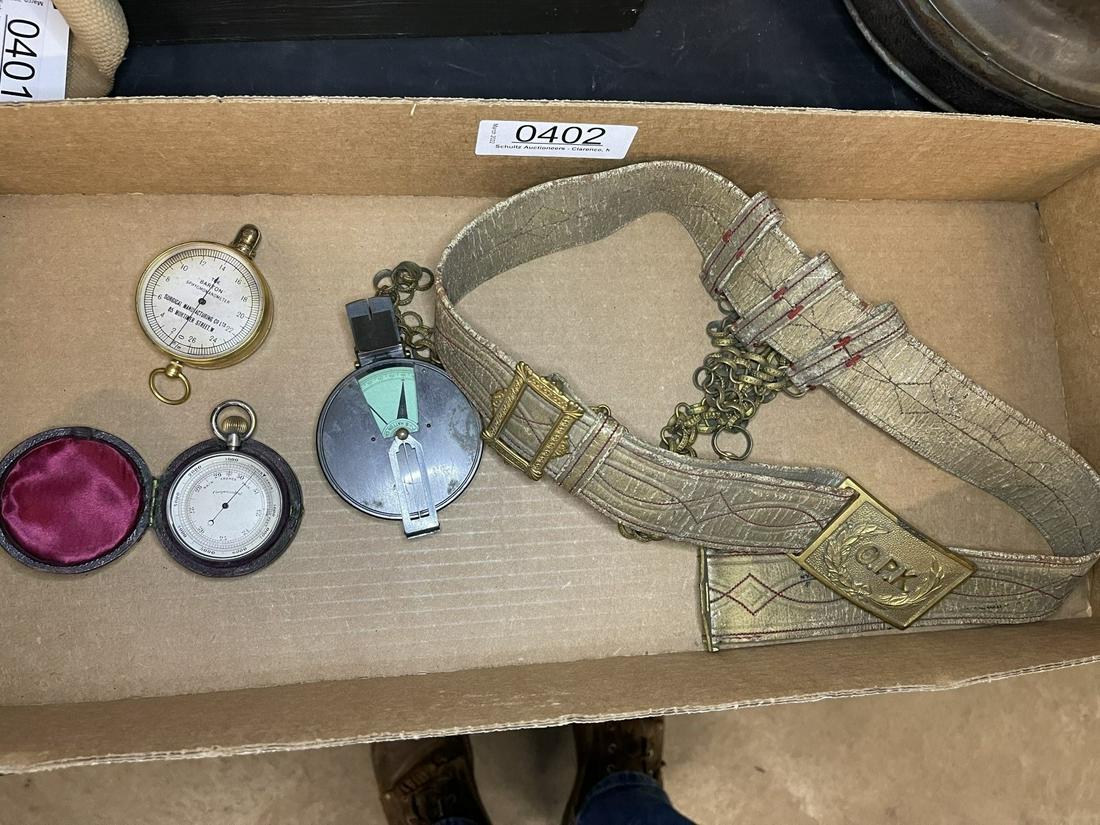 OPK Belt and Buckle, J. Hicks Compass, etc: OPK Belt and Buckle, probably Masonic, J. Hicks Compass, 2 Antique Gauges -