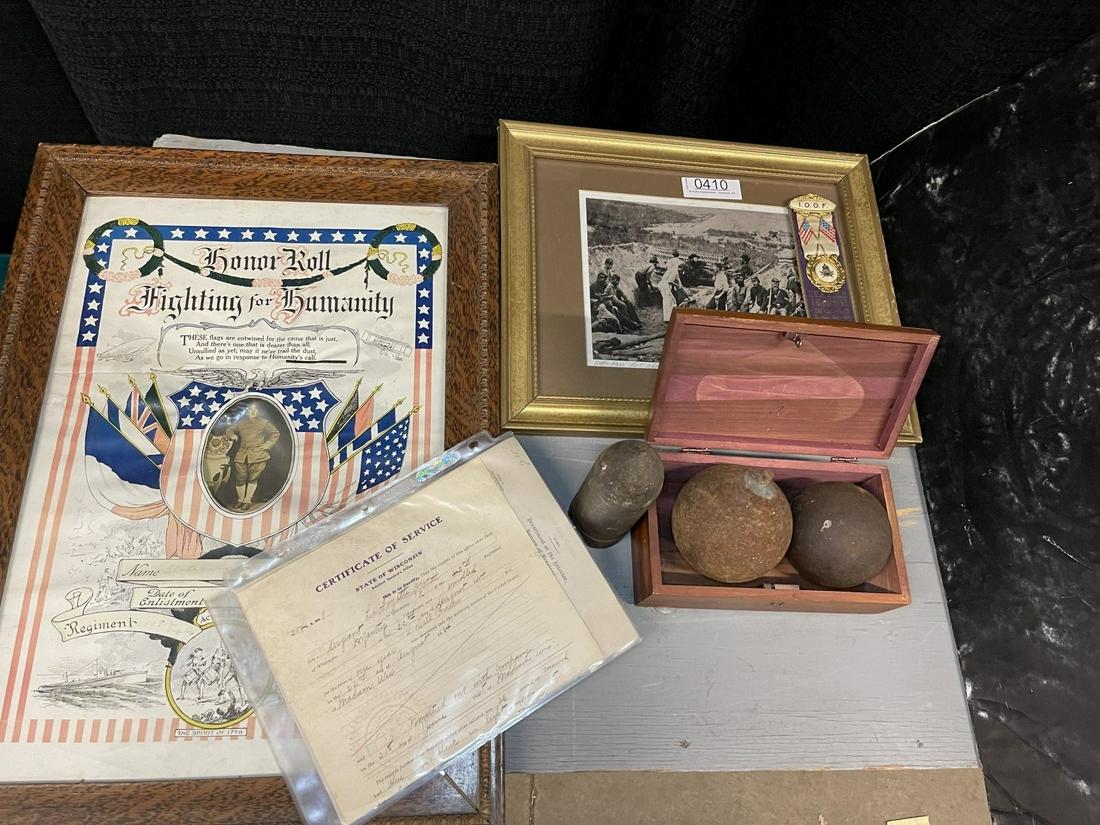Lot incl. WWI Honor Roll, Fort Wagner Photo, etc.: 54th Mass. Fort Wagner NC Photo, WWI Framed Honor Roll, Cannon Balls, Batavia NY Ribbon, etc -