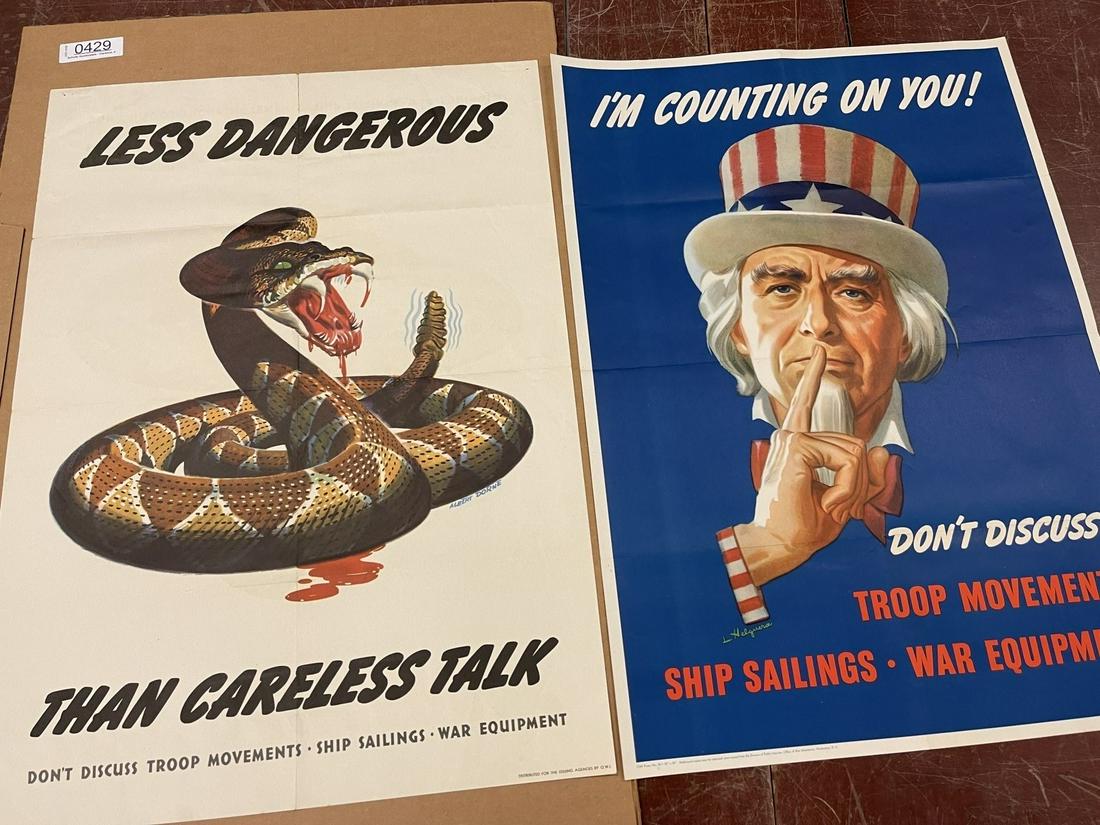 2 War Posters incl. 1943 Uncle Sam Poster: 1943 Uncle Sam "Im Counting on You" Poster and 1944 "Less Dangerous Than Careless Talk" Poster - approx. 28" x 20"