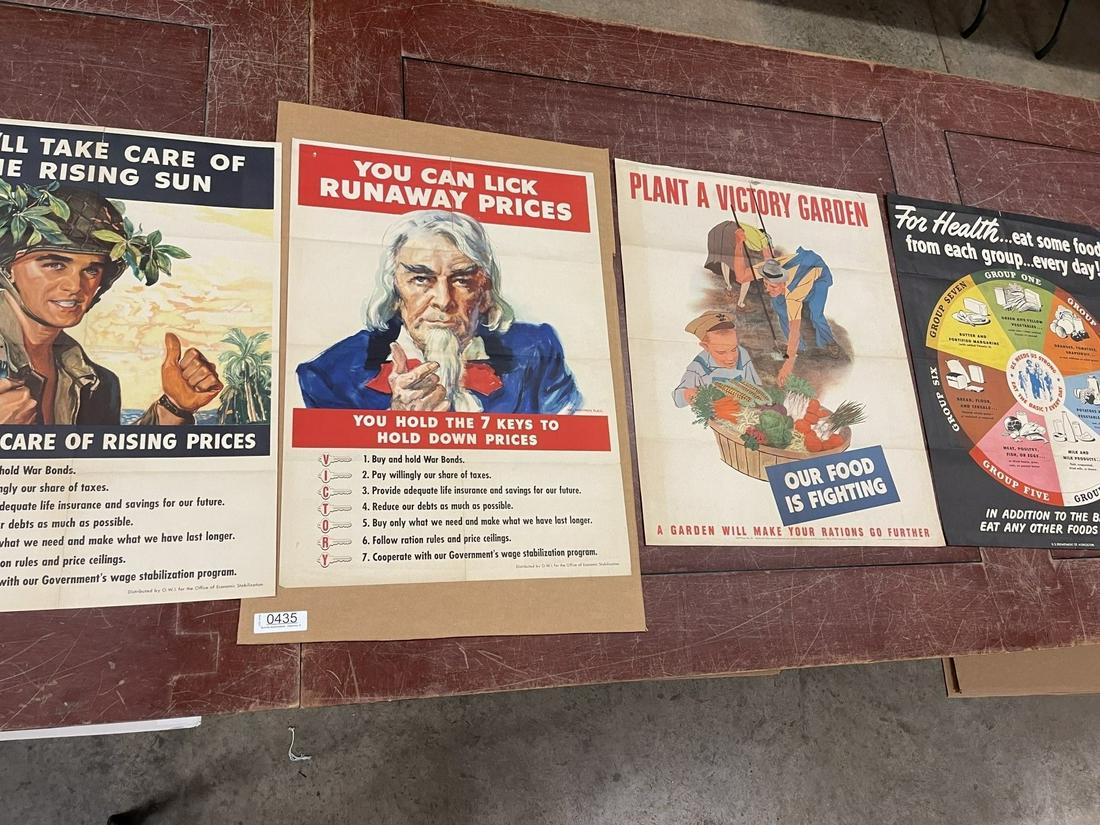 4 Posters incl. US Dept of Agriculture Poster: 4 Posters incl. US Dept of Agriculture Poster, "Our Food is Fighting" Poster, & 2 Office of Economic Stabilization Posters incl 1 w/ Uncle Sam - approx. 22" x 28"