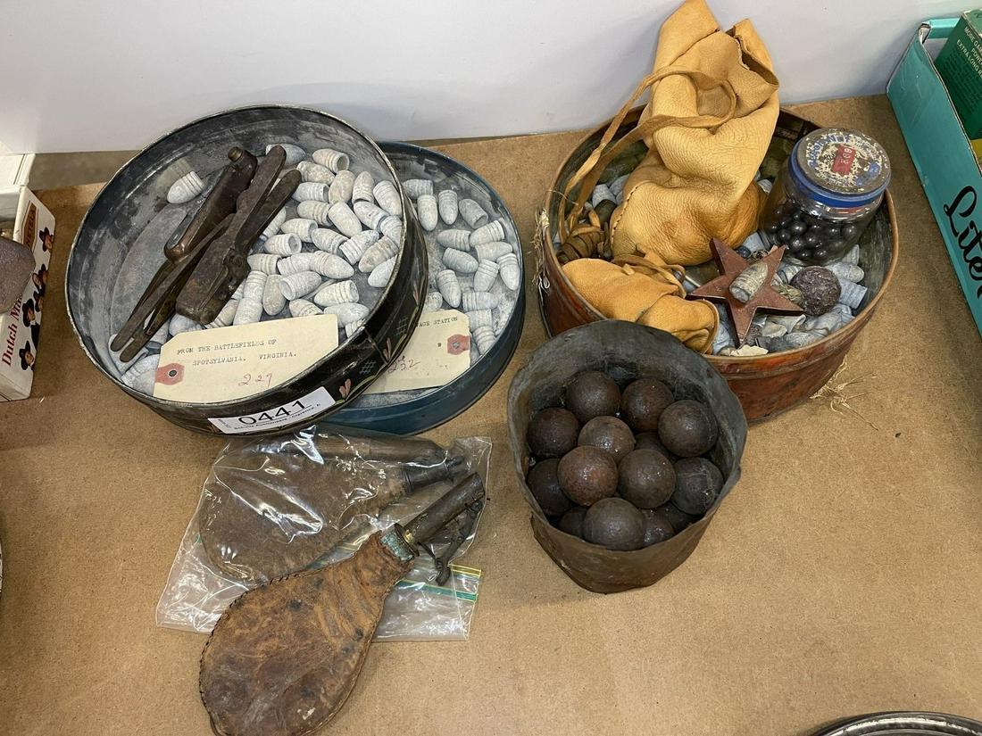 Group of Mini Balls, Bullet Molds, etc.: Group of Mini Balls from Battlefield of Savage Station Virginia, Bullet Molds, Shot Pouch, etc -
