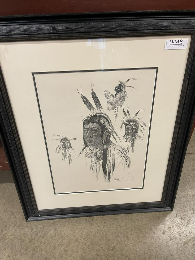 Woody Crumbo Signed Print Framed: Woody Crumbo Signed Print Framed of Native American Chief - Frame approx. 27" x 32"