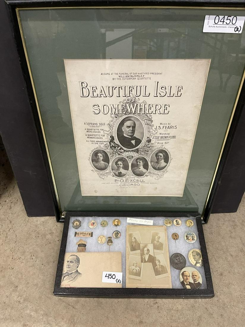 W.McKinley Political Buttons & Framed Sheet Music: William McKinley Political buttons and framed sheet music - Frame approx. 17" x 21"