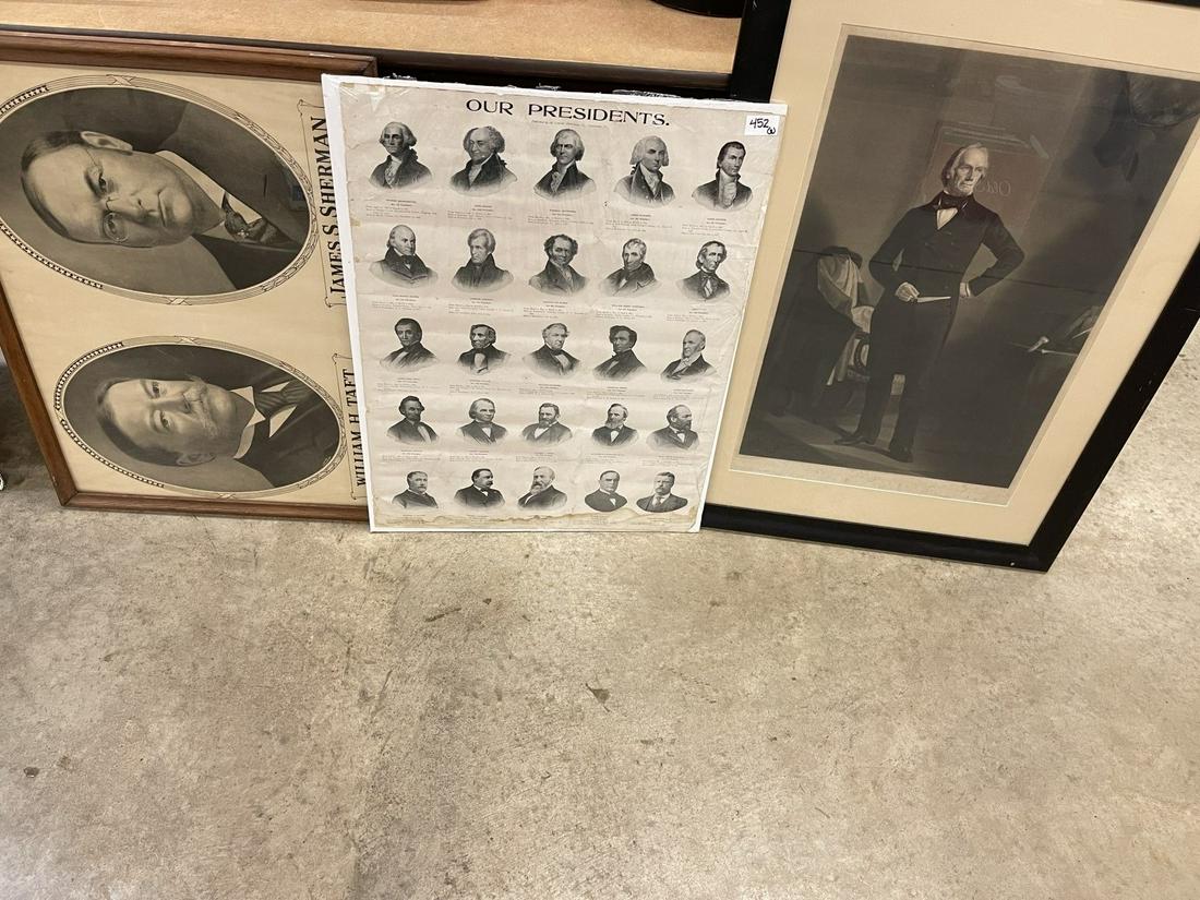 Lot incl. Henry Clay Engraving, 1908 Poster, etc.: Henry Clay Engraving, Taft & Sherman 1908 Poster and Our Presidents Poster - framed Clay approx 27" w x 37" h
