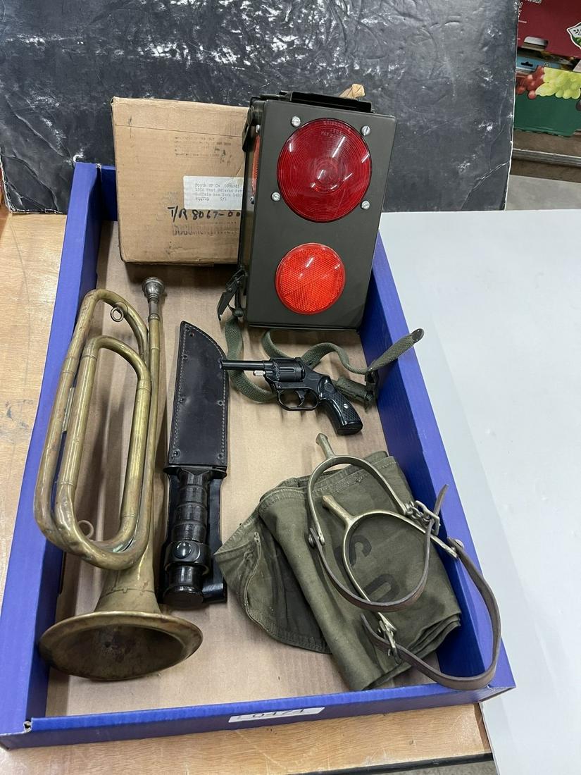 Conn 2 Bugle, Pair of Stirrups, US Knife, etc: Conn 2 Bugle, Pair of Spurs, US Camillus NY Knife, Military Light Flasher, Italian Starter Revolver, etc -