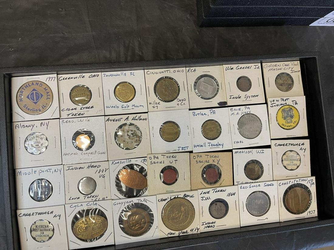 Group of Tokens incl. Ohio Cigar Store, etc: Group of Tokens incl. Ohio Cigar Store, Albany Hotel & Grill, 1864 Indian Head Token, etc. -