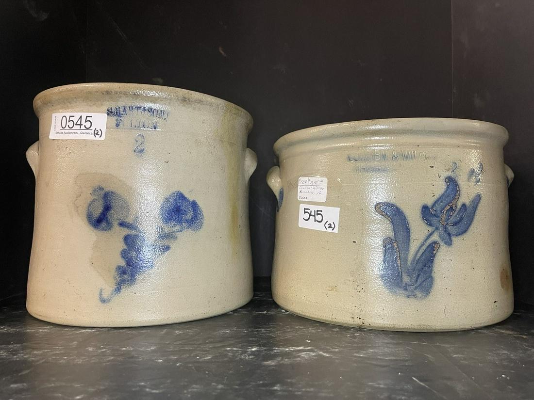 2 Decorated Crocks incl. S. Hart & Son: 2 Gallon Decorated Crock S Hart & Son Hilton & Cowden & Wilcox 2 Handled Decorated Crock -